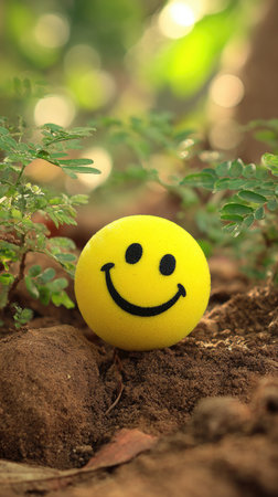 A yellow smiley face ball sits on the ground amidst greenery and soil. The image showcases natural lighting with soft focus elements. This cheerful composition, perfect for various projects, could be used for promoting positivity or illustrating happiness.の素材