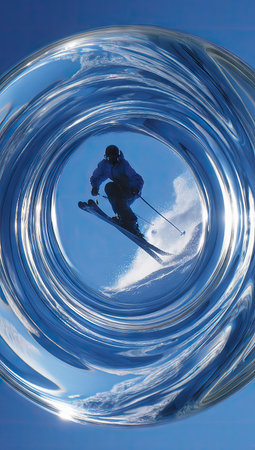 A skier in motion is captured mid-air against a bright blue sky. The composition features a circular perspective with varying shades of blue, suggesting movement and depth. The image displays a sense of energy and freedom, potentially suitable for promotional or editorial purposes.の素材