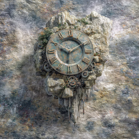 An antique clock, featuring Roman numerals and gears, is embedded in a textured stone formation. The image showcases a muted color palette with a weathered appearance. The artwork presents a steampunk aesthetic with a focus on historical timekeeping. Suitable for diverse design projects needing a touch of vintage allure.の素材