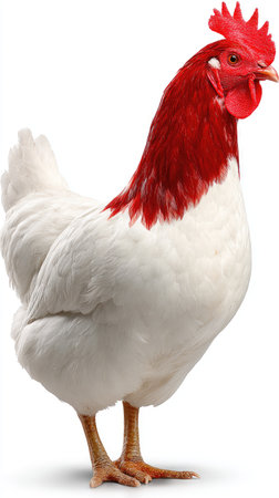 A close-up image presents a rooster with contrasting white feathers and a bright red head. The lighting is even, highlighting the bird's textures. The composition appears clean, suitable for various uses, including advertising and editorial content that requires a poultry theme, in a studio environment.の素材