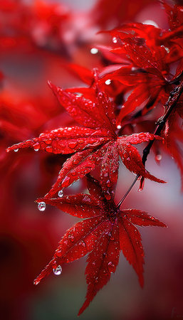 Close-up view of bright red maple leaves glistening with water droplets. The leaves display intricate textures and shapes, bathed in soft light. This image could be used for illustrating seasonal themes, artistic projects, or environmental content. The composition features blurred elements suggesting depth and focus.の素材