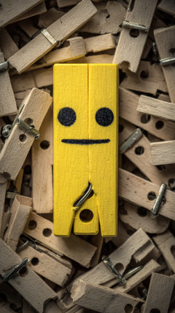 A yellow clothespin with a painted face sits amidst a collection of wooden clips. The composition features various shades of brown and yellow, suggesting a natural aesthetic. The arrangement is simple and the lighting appears soft. This image can be used for conceptual illustrations or commercial projects.の素材