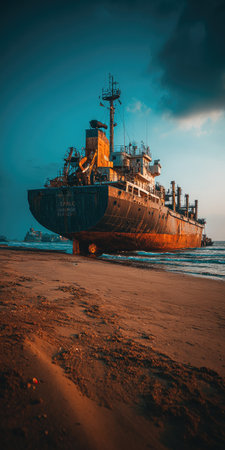 A grounded ship rests on a sandy beach, its hull showing signs of age. The composition is lit by dramatic lighting with a moody sky, offering a sense of the elements. It could be used for various projects, including editorial or commercial visuals.の素材