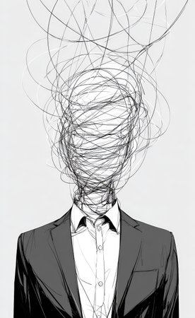 An illustration depicts a person with a suit and white shirt, their head replaced by swirling, tangled lines. The image is rendered in grayscale, featuring contrasting light and shadow. The composition uses a minimalist aesthetic. This artwork could be used for conceptual projects, editorial content, and various design applications.の素材