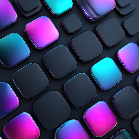 This image presents a 3D rendering of numerous rounded square shapes. Each square features a sleek, dark surface complemented by vibrant holographic gradients. The composition suggests a structured arrangement, likely suitable for digital backgrounds, design elements, or commercial applications. The interplay of light and color creates an eye-catching visual experience.の素材
