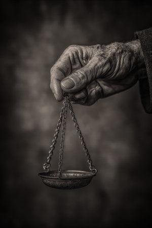 A close-up image presents a weathered hand firmly grasping a set of scales. The monochrome composition highlights textures and shadows. The image showcases the scales, suggesting themes of balance and fairness. This image can be used for conceptual or editorial applications.の素材