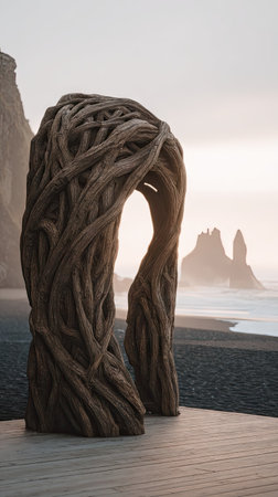 An archway sculpture crafted from intertwined wooden branches stands on a beach. The artwork features a natural color palette, with details visible. Distant mountains and a body of water complete the landscape, bathed in soft lighting. This image could be used for conceptual art, design, or travel content.の素材
