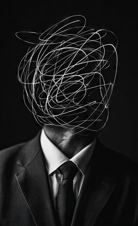 A grayscale image presents a person's silhouette, head enveloped in a network of luminous, scribbled lines. The dark tones and dramatic lighting establish a mysterious atmosphere. This visual concept is well-suited for conceptual projects, presentations, and other commercial uses needing a touch of artistic flair.の素材