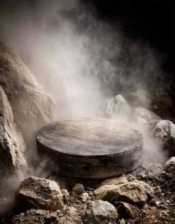 A circular stone formation sits amidst rocks and swirling fog, possibly used in ancient rituals. The image displays a cool color palette with soft textures, captured with dramatic lighting. This evocative scene could be useful for projects related to history, mystery, or artistic expression. It could be for commercial or editorial applications.の素材