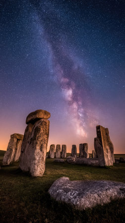 An ancient stone monument stands under a vast, dark night sky filled with a radiant display of stars. The composition showcases large stone structures in the foreground against a backdrop of the Milky Way. The overall lighting is subtle with shades of blues and purples. This imagery could be used for various editorial and commercial purposes.の素材