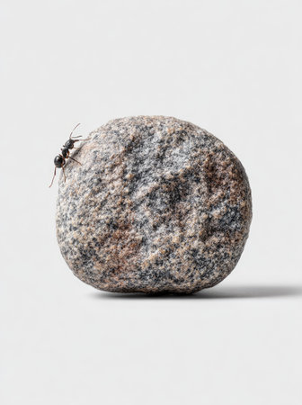 An ant explores a textured stone against a clean white backdrop, capturing an image of resilience. The composition uses neutral tones with sharp focus. Suitable for illustrating concepts of effort, problem solving, or natural processes. It may be appropriate for various design and media projects.の素材