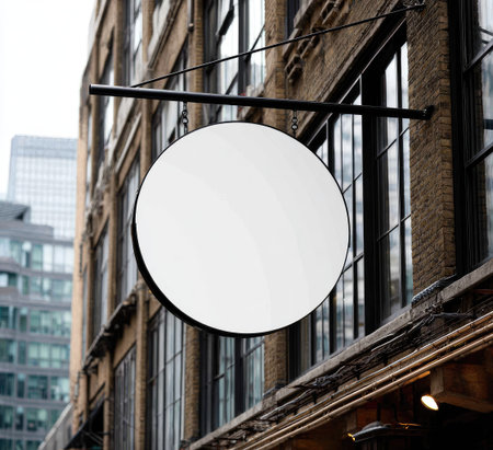A circular sign hangs prominently against a brick building facade. The sign presents a clean, white surface, ideal for custom messaging. The composition features strong lines and contrasting textures, with natural daylight illuminating the scene, hinting at various commercial applications or editorial uses.の素材