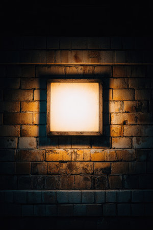 An overhead view reveals a square light fixture embedded in a weathered brick wall. The warm glow emanates from within the square, highlighting the textured surface. This image could be suitable for various design applications, including architectural, industrial, or abstract themes, also for commercial or editorial purposes.の素材
