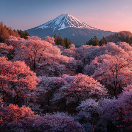 Pink cherry trees in full bloom fill the foreground, leading the eye to a majestic mountain with a snowy peak. The scene is bathed in soft, warm light, suggesting either sunrise or sunset. The composition emphasizes natural beauty, with possible applications in travel, tourism, or environmental themes.の素材