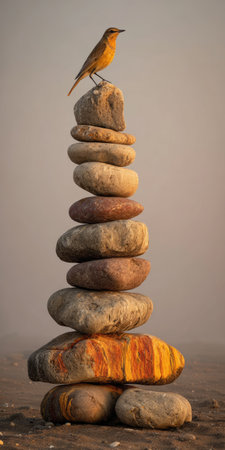 A small bird sits atop a carefully stacked tower of rounded stones. The image showcases warm, natural colors, with textures evident on the stones and the bird's feathers. The soft background suggests an outdoor setting, possibly during the golden hour. This image may be suitable for editorial or commercial applications.の素材
