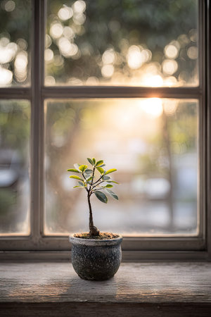 A small bonsai tree stands on a windowsill, silhouetted against a bright, out-of-focus background. The image features soft lighting and natural textures, with visible window frames. This composition could be used for interior design illustrations or as a visual element in lifestyle publications.の素材
