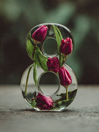 An artistic display features a clear glass structure shaped like the number eight. Inside, vibrant pink tulips and green leaves are artfully arranged. The composition uses shallow depth of field, with soft lighting enhancing the textures of both the glass and flora. This image has potential for decorative and conceptual applications.の素材