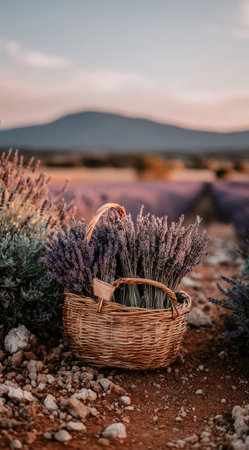 A woven basket filled with lavender sits in a field, with a mountain range and a soft sky in the background. The image presents a warm color palette with muted tones. This composition may be suitable for illustrating natural themes or as stock imagery for various commercial uses.の素材