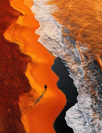 An aerial perspective showcases a lone person strolling along a beach. The image captures contrasting textures and colors, with vibrant orange sand meeting foamy white waves and dark water. The composition highlights shadows. Suitable for use in diverse editorial or commercial applications.の素材