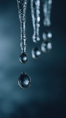 This image showcases a close-up of icicles, with water droplets suspended in mid-air. The scene features a dark blue backdrop and clear water, highlighting the texture and transparency of the ice. The composition employs a shallow depth of field, with soft lighting, suitable for various editorial and commercial applications.の素材