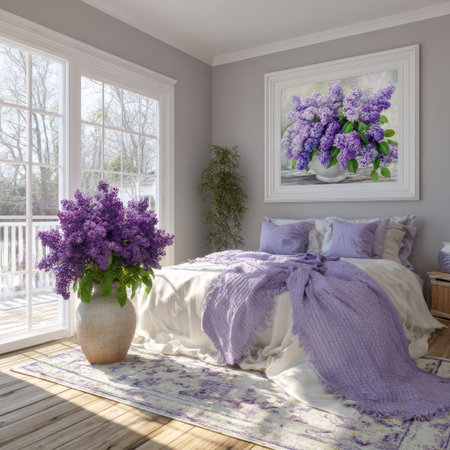 An interior shot features a bedroom with natural light illuminating a bed with purple accents. A vase of fresh lilac flowers sits by a large window. The room includes artwork and decorative elements. This setting could be suitable for lifestyle and home decor projects, and for creating visual content.の素材