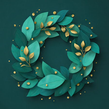 An artistic wreath design features layered green leaves and delicate golden accents. This digital artwork presents a circular composition with a dark, solid background. Its style evokes nature's beauty and could be used for decorative purposes, invitations, or various design projects seeking an elegant touch.の素材