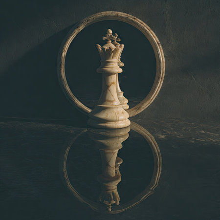 A close-up captures a queen chess piece standing before a circular frame and its mirror reflection. The piece is rendered in a light tone against a dark, textured backdrop. The composition features strong overhead lighting, creating deep shadows. Suitable for use in conceptual designs or editorial content.の素材