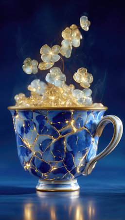 A porcelain cup features a detailed blue and white design, illuminated with gold-colored highlights. Abstract floating shapes emanate above the cup, enhanced by a deep blue background, creating a sense of wonder. Ideal for artistic design projects, illustrating concepts of beauty, and promoting creative marketing.の素材