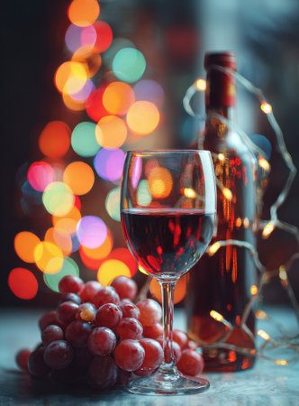 A glass of red wine is featured, alongside a bottle, with a bunch of grapes in focus. The scene is illuminated by soft, blurred background lights. The composition and lighting create a celebratory and inviting atmosphere, suitable for various editorial and commercial applications. The image focuses on the classic elements of wine enjoyment.の素材