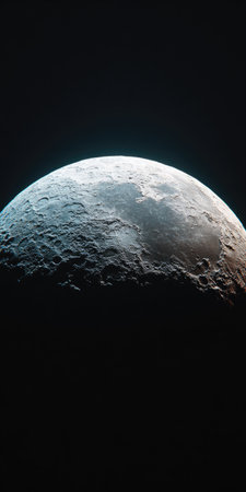 A close-up view presents the textured surface of a celestial body against a deep black background. The image showcases shades of gray and blue with subtle hints of orange, suggesting a gradient effect. The composition could be used for various projects, including science, space exploration, and abstract concepts.の素材