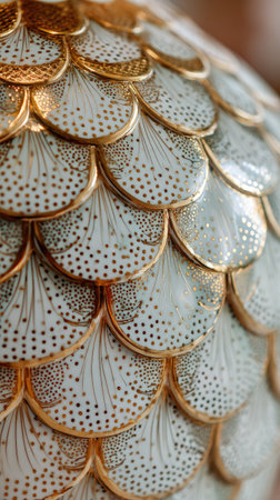 This image presents a detailed view of a textured decorative object. The surface features an overlapping pattern with a combination of colors. The style and composition suggest a close-up focus, possibly taken indoors. This image may be suitable for various commercial uses, including artistic or design-related projects.の素材