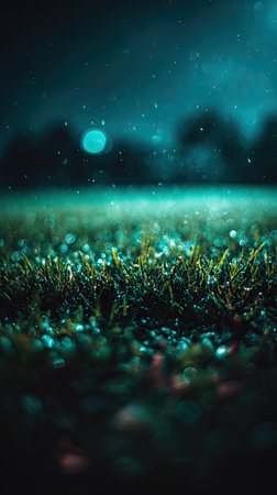 A close-up shot captures lush green grass glistening with raindrops against a dark, blurred background. The image exhibits a cool color palette with various shades of green and teal. This composition could be suitable for nature-themed projects, artistic displays, or commercial applications emphasizing atmosphere.の素材
