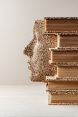 An artistic composition features a sculpted head alongside a stack of books, suggesting themes of education and intellectual pursuit. The image showcases a neutral color palette, emphasizing textures and the interplay of light. The arrangement suggests a studio setting, suitable for visual concepts related to learning and the arts.の素材