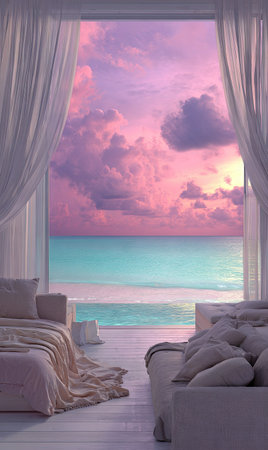 An interior shot reveals a bedroom overlooking the ocean. The focus is on the panoramic view of the sea and a vibrant sky, with shades of pink and blue. The composition highlights the soft textures of the room's furnishings. This image could be suitable for lifestyle publications or design projects.の素材