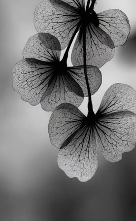 This black and white image displays translucent flower petals, revealing intricate veins. The composition showcases a close-up perspective with soft lighting and blurred background, creating a sense of depth. Its artistic style could be suitable for various creative projects and design purposes.の素材