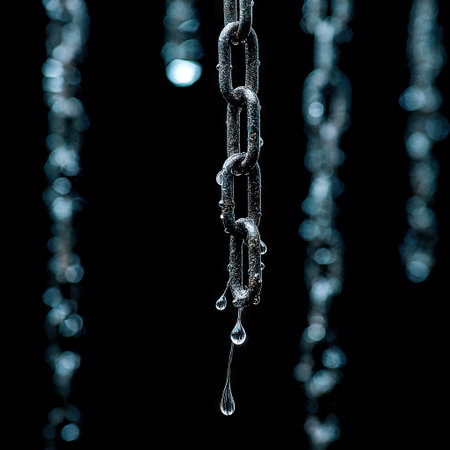 This image showcases a close-up of several metal chains, glistening with water droplets. The chains are vertically aligned against a stark, black backdrop. The composition highlights the textures and shapes of the chains and the water. This could be useful for projects related to design, concepts, or artistic representations.の素材