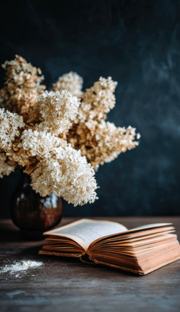 A close-up captures a still life featuring a dried floral arrangement in a dark vase beside an open book. The composition is set on a wooden surface against a dark background, showcasing soft, natural light. This image could be used for various editorial and commercial projects.の素材