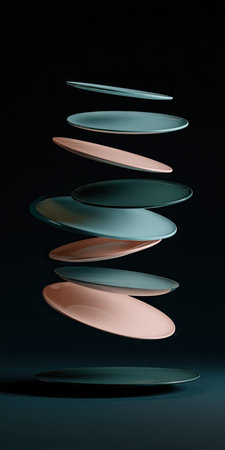 An artistic composition features several plates seemingly suspended in mid-air. The plates display varied colors, including shades of green and pink, arranged vertically. The lighting is soft, and the backdrop is a dark color. This image can be suitable for illustrating design, culinary themes, or creative projects.の素材