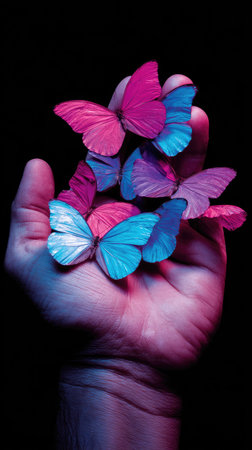A hand gently holds several butterflies with vibrant blue and pink wings. The image showcases a close-up perspective with selective focus, highlighting the delicate textures of the insects. The color palette features a contrast of bright colors against a dark background, suggesting a studio setting, suitable for various design projects or visual storytelling.の素材