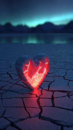 A heart-shaped object glows with an internal light, set against a backdrop of a cracked, textured surface and a dark, atmospheric sky. The composition features cool blues and hints of red, creating a sense of drama and contrast. This image could be used for conceptual or illustrative purposes in various editorial or commercial projects.の素材