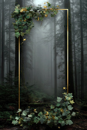 An elegant golden rectangular frame is decorated with lush green foliage. The scene is set in a misty forest, where tall trees create a vertical composition. Soft lighting and a blurred background enhance the dreamlike mood. Suitable for various design applications, potentially for decorative or editorial purposes.の素材