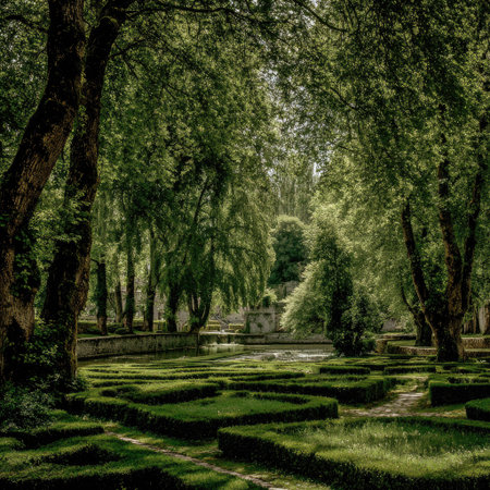 A park scene showcasing green trimmed hedges and trees under natural sunlight. The composition features various plant species and a sense of depth. Potential uses could include illustrating landscape design, environmental themes, or serving as a background for various creative projects.の素材