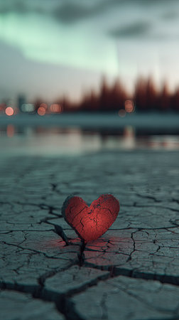 A heart-shaped object glows red against a backdrop of cracked earth and a blurred horizon. The image showcases textures and a dramatic contrast between light and shadow. Suitable for illustrating themes of emotion, strength, and vulnerability, potentially for editorial or commercial projects.の素材