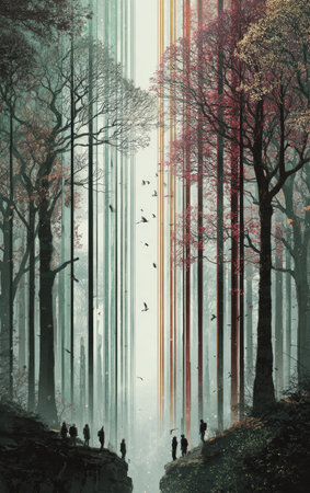An artistic depiction presents a dense forest with a central vertical streak of color. Trees, depicted with fine lines and varying hues, are the main subjects. The artwork incorporates a blend of cool and warm colors. This illustration could be suitable for various editorial and commercial projects.の素材