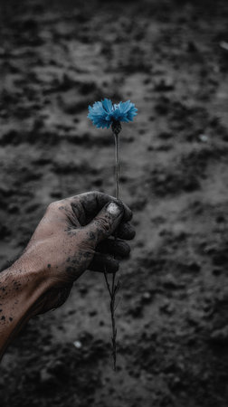 A hand, covered in dark soil, delicately holds a single blue flower. The image presents a contrast between the vibrant bloom and the rough texture of the hand and background. The muted tones and composition create a dramatic visual, suitable for various editorial and commercial projects.の素材