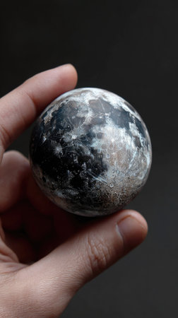 A hand delicately cradles a spherical object with a textured surface, possibly a decorative piece. The object displays a mix of dark and light tones, creating a visually interesting texture. The image is set against a dark background, and the lighting highlights the details of the object, which could be used for various commercial projects.の素材
