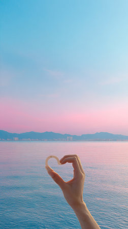 A hand forms a heart shape, set against a backdrop of a tranquil ocean and a pastel-colored sky. The composition emphasizes simplicity, with the focus on the gesture and the serene environment. This image could be used for illustrating themes of love, peace, or promoting wellness in various visual contexts.の素材