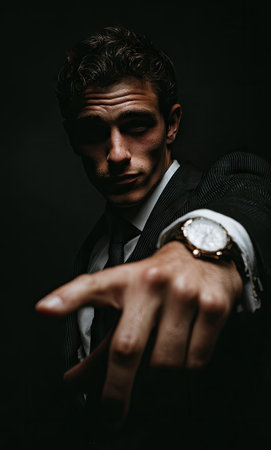 A man in a suit points his finger toward the viewer. The image showcases a dark background, emphasizing the subject's face and gesture. The lighting creates a dramatic effect with strong shadows. Suitable for business, conceptual or lifestyle imagery, this photograph can be used in various commercial applications.の素材