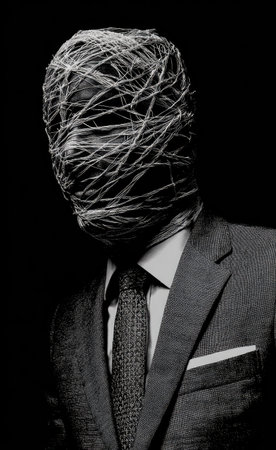 A grayscale depiction features a man in a business suit with a unique covering obscuring the face. The composition highlights a stark contrast in shadows and textures. The image could be used for conceptual or artistic projects. It may suit uses in editorial or commercial applications.の素材