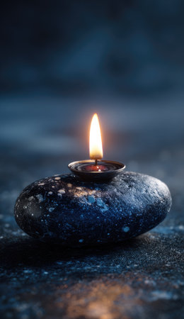 A single lit candle rests on a dark, textured stone, captured against a blurred background. The image displays a shallow depth of field, highlighting the flame's warm glow. The composition uses dramatic lighting, creating shadows and adding depth. This image can be used for various projects.の素材